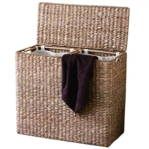 Oversized Divided Seagrass Fiber Laundry Hamper Storage Basket with Handles and 2 Removable Liners