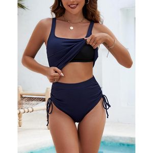 Traje de baño de dos piezas para mujer, tankini acanalado con control de abdomen, cobertura completa, azul marino, talla XL - Product Image 3