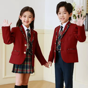 男の子と女の子のための就学前の小学校中等学校の制服デザイン赤いマルーン学校の制服 - Product Image 3
