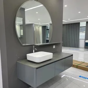 Dark Blue Pvc Wall Mounted Bathroom Sink Round Design Mirror Waterproof Bathroom Cabinet Vanity
