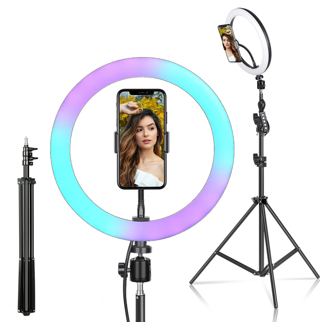 12 Inch Photography Makeup Selfie LED RGB Ring Light with Tripod Stand Bi-color 3200K-5600K AC/DC Powered