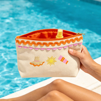 Pochette de maquillage portable en toile pour femme, brodée sur mesure avec initiales, bordure en ruban ric-rac, idéale pour la plage et l'été, vente en gros
