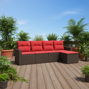 Ensemble de canapés de patio en polyrotin marron, 5 pièces, meubles d'extérieur, coussins durables - Product Image 2