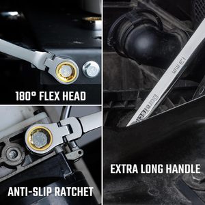 Juego de Llaves de Trinquete Extra Largas Antideslizantes con Cabeza Flexible, Juego de Llaves de Boca Doble Métricas de 8-19 mm, Acero CR-V, con Bolsa - Product Image 6