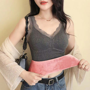 Débardeur chaud en dentelle à col en V pour femmes, automne et hiver, avec coussin de poitrine, gilet en velours épais, amincissant et chaud, sous-vêtements - Product Image 2