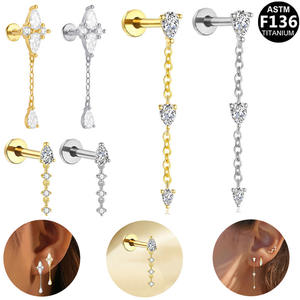 Boucle d'oreille longue G23 à filetage interne pour cartilage, <span class=keywords><strong>piercing</strong></span> hélix, bijoux de corps en alliage de titane, zircon, chaîne à pampilles, plaqué titane - Product Image 1