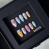 TSZS Faux ongles à presser en acrylique, motif floral 3D en relief, forme amande, finition brillante, réutilisables, faits main, vente en gros
