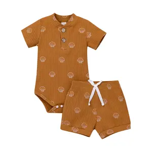 Ivy41636A Summer 2022 new style baby boys suits sunshine printed romper with short infants causal ribbed outfit