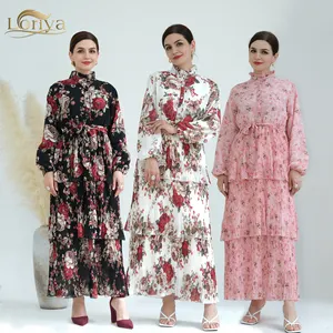 Latest Loriya Wholesale OEM ODM Customized Chiffon Floral Dresses Islamic Clothing Three Layers Abaya Summer abaya