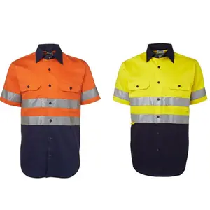 Hi Vis Orange Heavy Cotton Short Sleeves Work Uniform Shirt Men Reflective Shirt