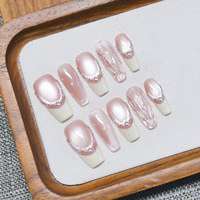 Faux ongles à presser faits main, rose œil de chat, forme cercueil moyenne, motif treillis 3D avec perles et strass, réutilisables