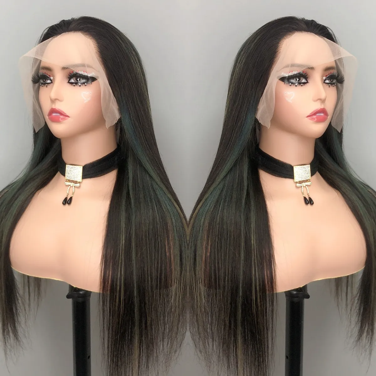 Lindo Balayage On Black Hair Ideas Tendência Destaque Verde E Azul Cor 13*4 Bone Straight Cabelo Humano Lace Front Wig