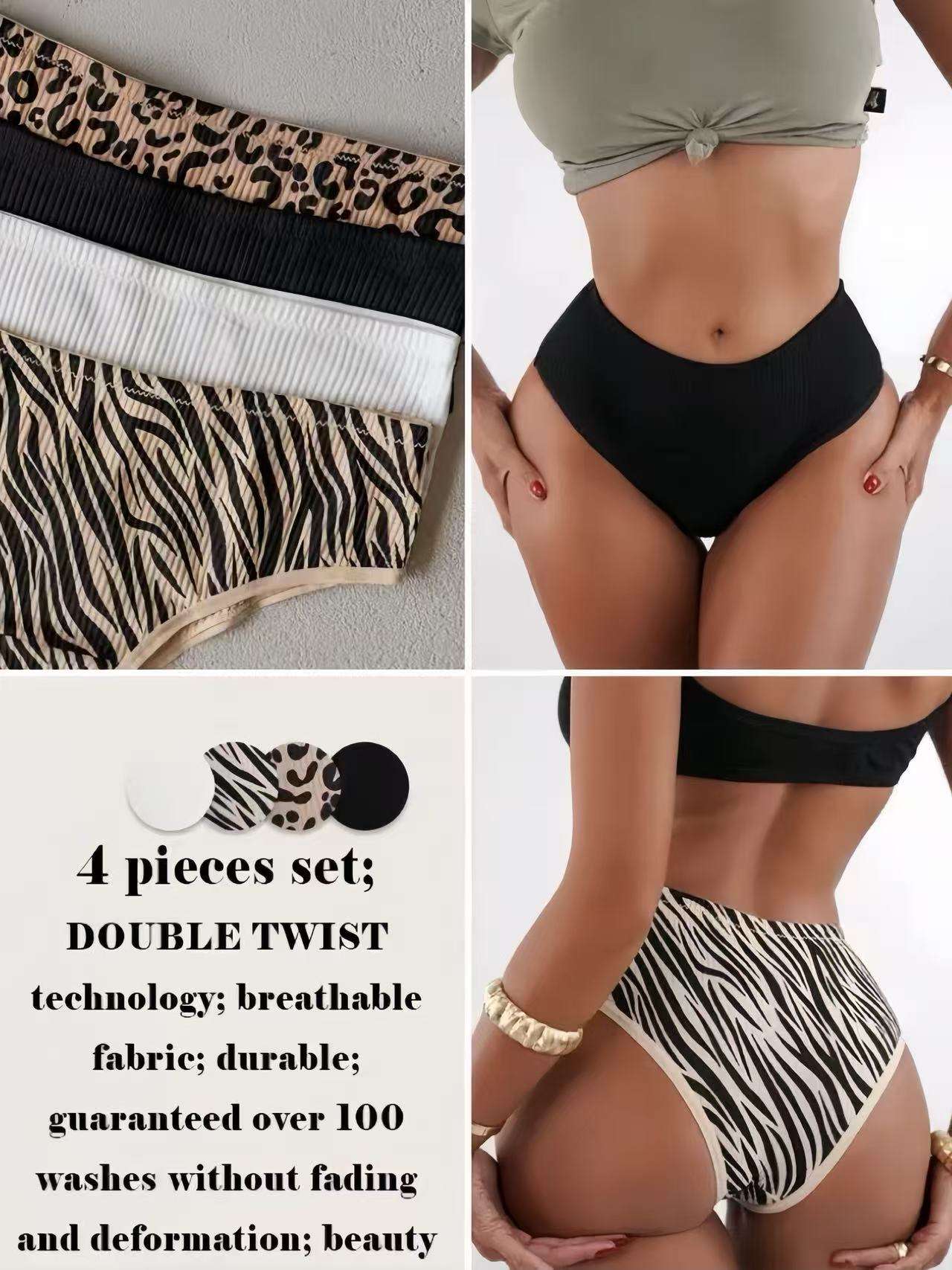 4 Piece Set in Stock Cotton Panties Ribbed Low Waist Briefs Leopard Print Leopard Print Knickers Lingerie Leopard Brief Panties