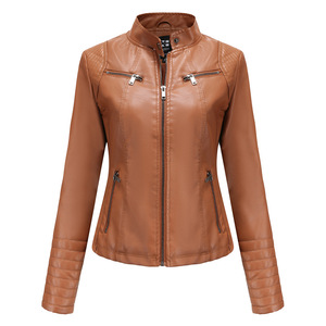 Chaqueta de cuero PU de <span class=keywords><strong>moda</strong></span> para <span class=keywords><strong>mujer</strong></span> 2026, estilo europeo, cuello alto, manga larga, cremallera, estilo <span class=keywords><strong>motociclista</strong></span>, corte ajustado, para otoño - Product Image 3