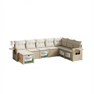 Grand ensemble de canapés de jardin beige en polyrotin avec structure en acier, housses amovibles, mobilier d'extérieur 6 places, design contemporain - Product Image 1