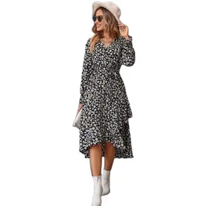 Autumn and Winter Printed V-neck Long-sleeved dress women's Commuting Temperament Lace-up Women's dress