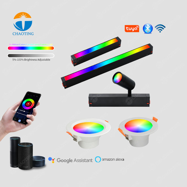 Tuya Smart Wifi Control Dimmable CCT Colour Led Track Light Aluminium Adjust Head Rail Cylinder Track Spot Down Lights for Hotel