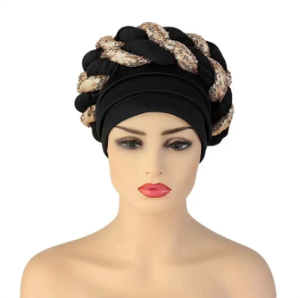 Turban en coton pour femmes musulmanes nigérianes, style hijab exagéré <span class=keywords><strong>avec</strong></span> nœud papillon, bandeau perlé, design africain arabe <span class=keywords><strong>avec</strong></span> paillettes et tresses - Product Image 3