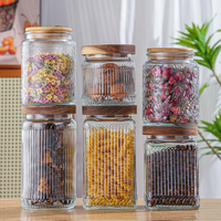 Recipiente de almacenamiento de vidrio hermético transparente para alimentos con tapa de madera de sellado para harina, té, granos de café, galletas de azúcar, 500ml, 700ml, 1000ml