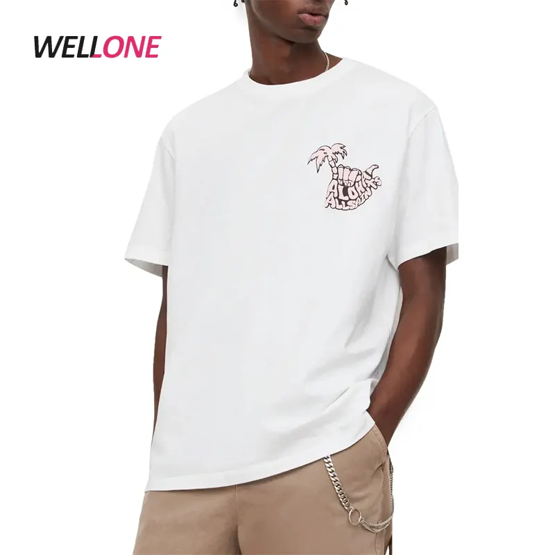 Wellone Custom Palm Tree Design Silk Screen Printing White 100% Cotton Cut And Sew Oversized Tshirt Wholesale Men Clothing