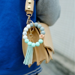 Hot Selling Colorful Wood Bead Wristlet <b>Key</b> <b>Chain</b> Retro Bracelet Bangle PU Leather Tassel Wristbands Keychain - Product Image 4