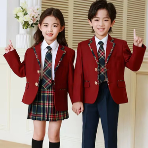 男の子と女の子のための就学前の小学校中等学校の制服デザイン赤いマルーン学校の制服 - Product Image 2