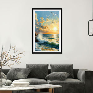 Pintura al Óleo Hecha a Mano: Atardecer Dorado en la <span class=keywords><strong>Costa</strong></span> con Gaviotas, Olas y Luz Cálida, Cuadros Decorativos Únicos para el Hogar - Product Image 5