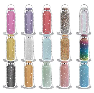 DD2733 Glitter Insulated Vacuum Bottle With Chain Flask Sparkling Cup Rhinestone Diamond Stainless Steel Bing Water Bottle