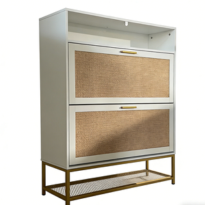 Meuble de rangement à chaussures moderne en rotin blanc avec 2 tiroirs rabattables pour salon, couloir, organisateur de rangement pour chaussures en bois - Product Image 2