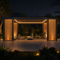 Pergola bioclimatique motorisée moderne de luxe en aluminium avec volets latéraux en grain de bois, résistante aux intempéries, écologique, pour jardin