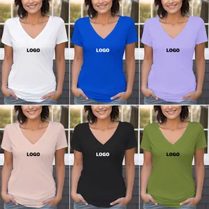 Custom Luxury High Quality 80 Yarn 100% Mercerized Organic Cotton Women Fashion Cute Short Sleeve V Neck Tee T-Shirts Clothing