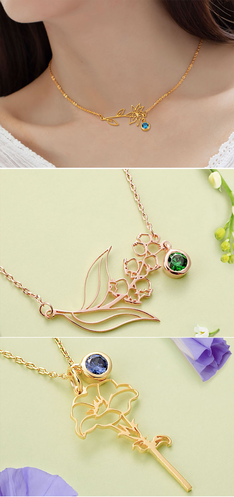 Wholesale Custom Birthstone Necklace Jewelry 925 Sterling Silver Dainty Birth Flower Pendant Necklace