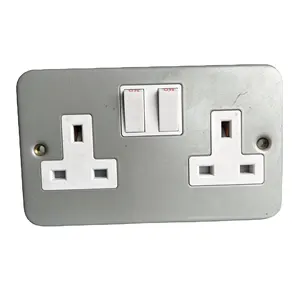 HOT SALE Sprayed iron plate UK standard 2 gang 13A S.P D.P wall switched socket with 35mm box metal clad switch