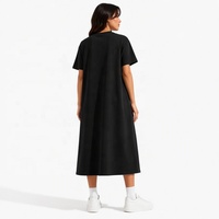 Robe midi en coton lavé doux pour femme, col rond, manches courtes, coupe droite, poches, 200 GSM, minimaliste, respirante, écologique, décontractée, XS-5X