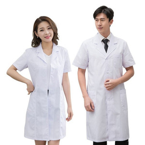 Bata de laboratorio blanca de manga corta para hombres y mujeres, uniformes de hospital con logo impreso, tallas S, M, L, XL, XXL, material Diping. - Product Image 1