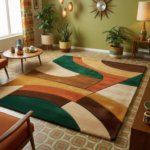 Tapis géométrique coloré |   Tapis de salon rétro moderne à motifs de blocs rouge, jaune, bleu et crème - Product Image 1