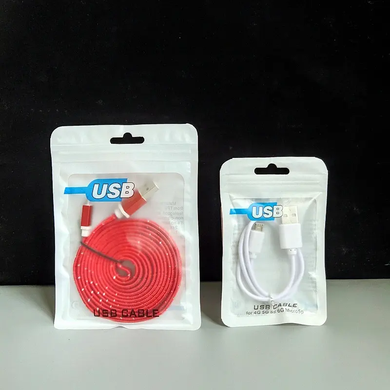 Customized storage colorful white zipper lock 3 side seal phone USB data cable packets plastic bag