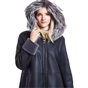 Manteau à capuche en peau de mouton noir, veste en cuir OEM pour femme, livraison mondiale, veste en peau de mouton directement de l'usine - Product Image 4