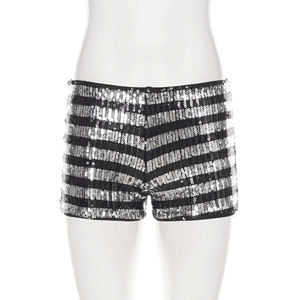 Shorts vintage de cintura baja con rayas en contraste y lentejuelas, ajustados a la cadera, para discoteca, fiesta, moda, corte ajustado, para mujer. - Product Image 6