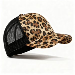 कस्टम लोगो चीता प्रिंट ट्राकर हैट कर्व्ड ब्रिम तेंदुए स्पोर्टी मेश बेसबॉल टोपी पुरुषों के लिए टोपी टोपी टोपी - Product Image 3