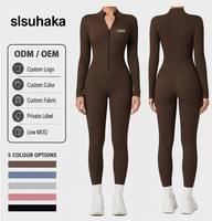 Combinaison côtelée personnalisée OEM pour femme, col montant, fermeture éclair, manches longues, longueur intégrale, séchage rapide, respirante, ajustée, pour yoga et gym