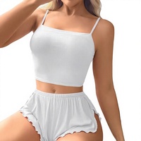 Women 2-Piece Breathable Sexy Knitted Lounge Set Sleeveless Crop Top Elastic Waist Shorts Solid White Spring Summer Casual Wear