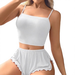 Women <b>2</b>-<b>Piece</b> Breathable Sexy Knitted Lounge <b>Set</b> Sleeveless Crop Top Elastic Waist Shorts Solid <b>White</b> Summer Casual Wear Front - Product Image 4