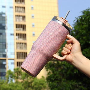 40oz Custom Stainless Steel Bling Tumbler <b>with</b> <b>Handle</b> and Straw Rhinestone Vacuum Crystal Gifts - Product Image 4