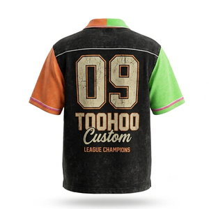 Custom Vintage Washed <b>Bowling</b> Shirt Green Orange Black Color Block Camp Collar Embroidered Patch Retro Streetwear Team Jersey - Product Image 4