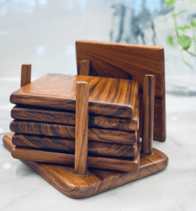 Minimalist Teak Wood <b>Coaster</b> <b>Sets</b> (6-Piece <b>with</b> <b>Holder</b>) - Product Image 1