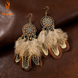 Boucles d'oreilles pendantes bohèmes en plumes naturelles, accessoires d'oreille rétro en filigrane bronze pour tenues de style <span class=keywords><strong>hippie</strong></span>, idéales pour les fêtes - Product Image 4