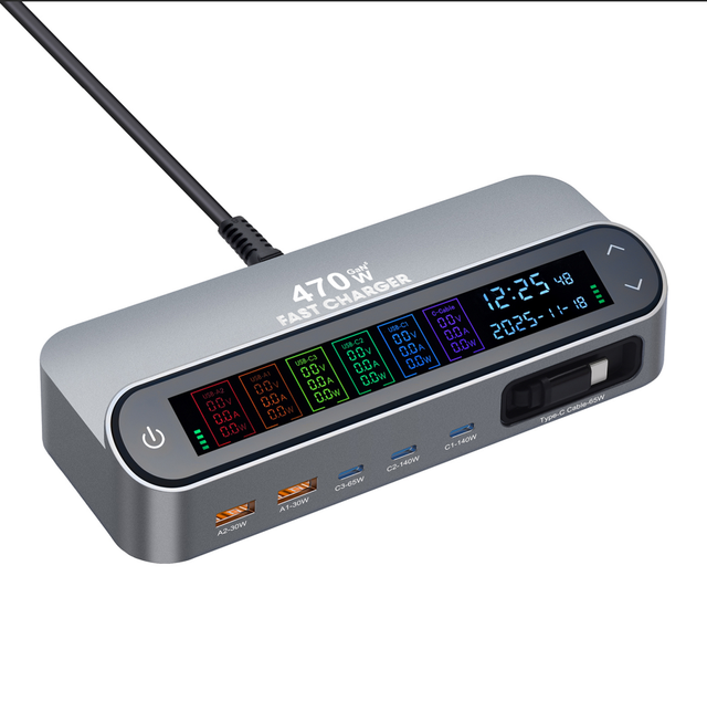 470W GaN Desktop Charging Station 6-Port LCD Display PD QC Fast Charger Hub Type C USB a Desktop Charger