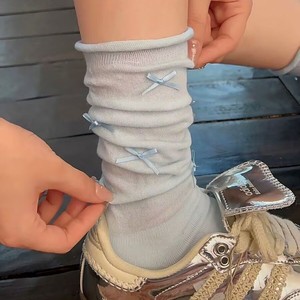 Women's Over The Knee Slouch <b>Socks</b> With Bow Design Breathable Gray White Blue <b>Black</b> Polyester Fiber Youth Size - Product Image 1