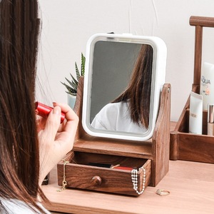 Desktop Vanity <b>Mirror</b> <b>Square</b> With Led Light Double Sided Flip Magnification Storage Drawer Wooden Base - Product Image 1